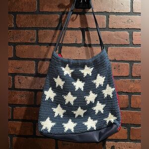 Navy Star Patterned Knitted Tote Bag